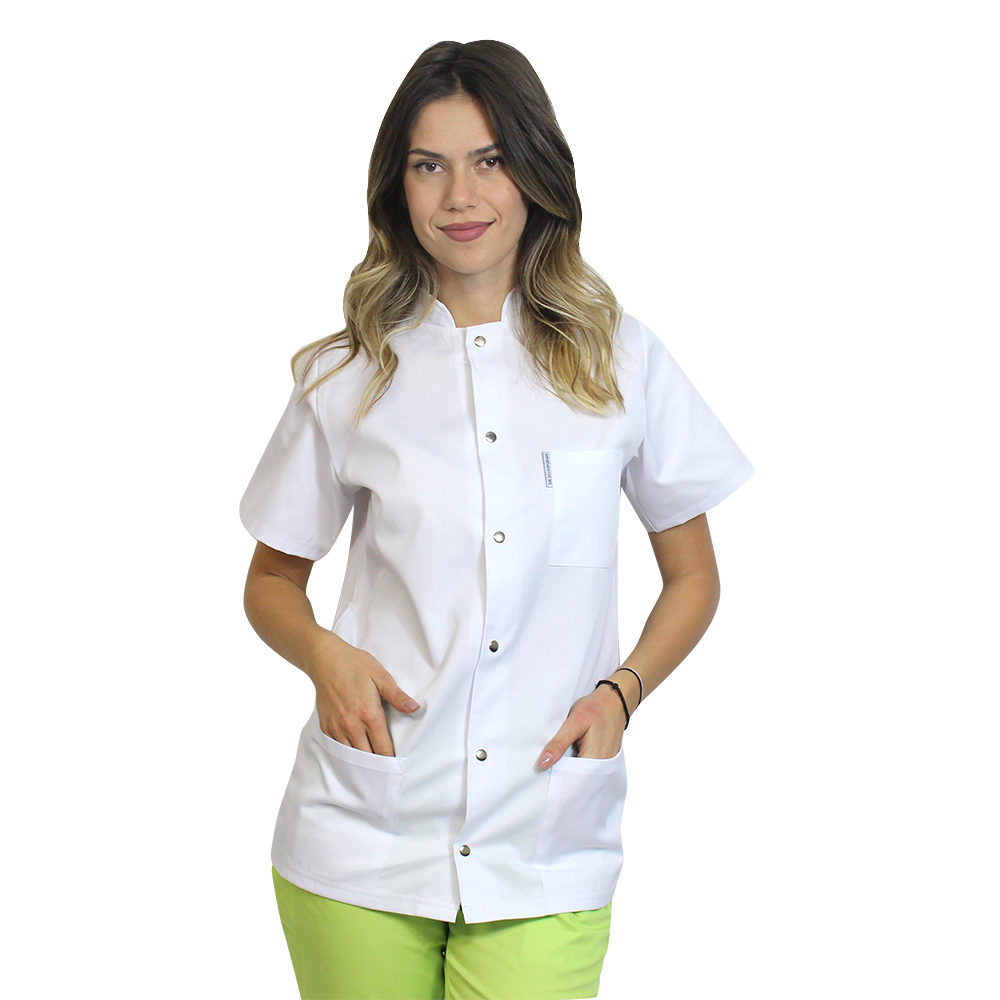 Halat medical alb cu guler tip tunica si trei buzunare  2